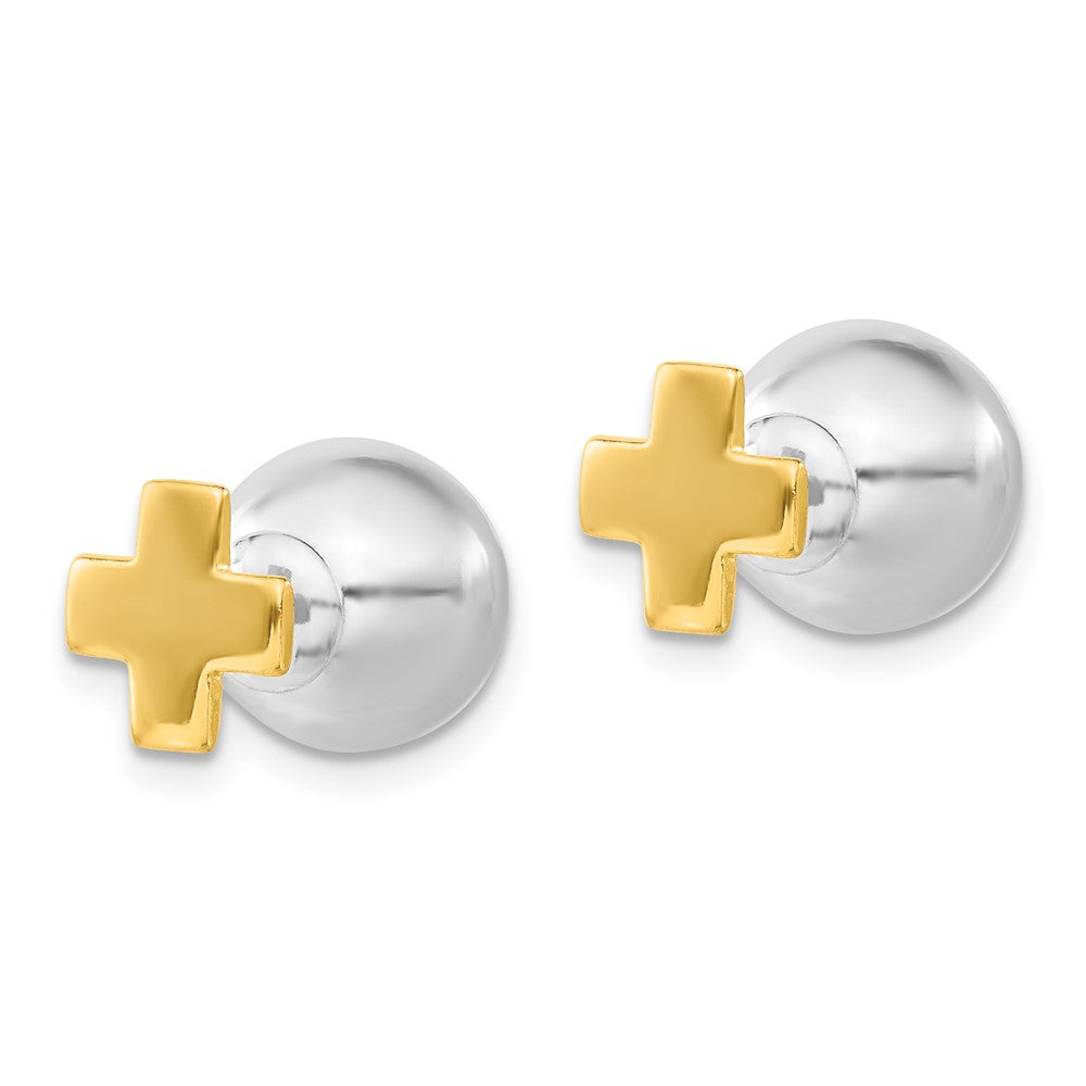 Sterling Silver & Gold-tone Polished Cross Front Back Ball Post Earrings