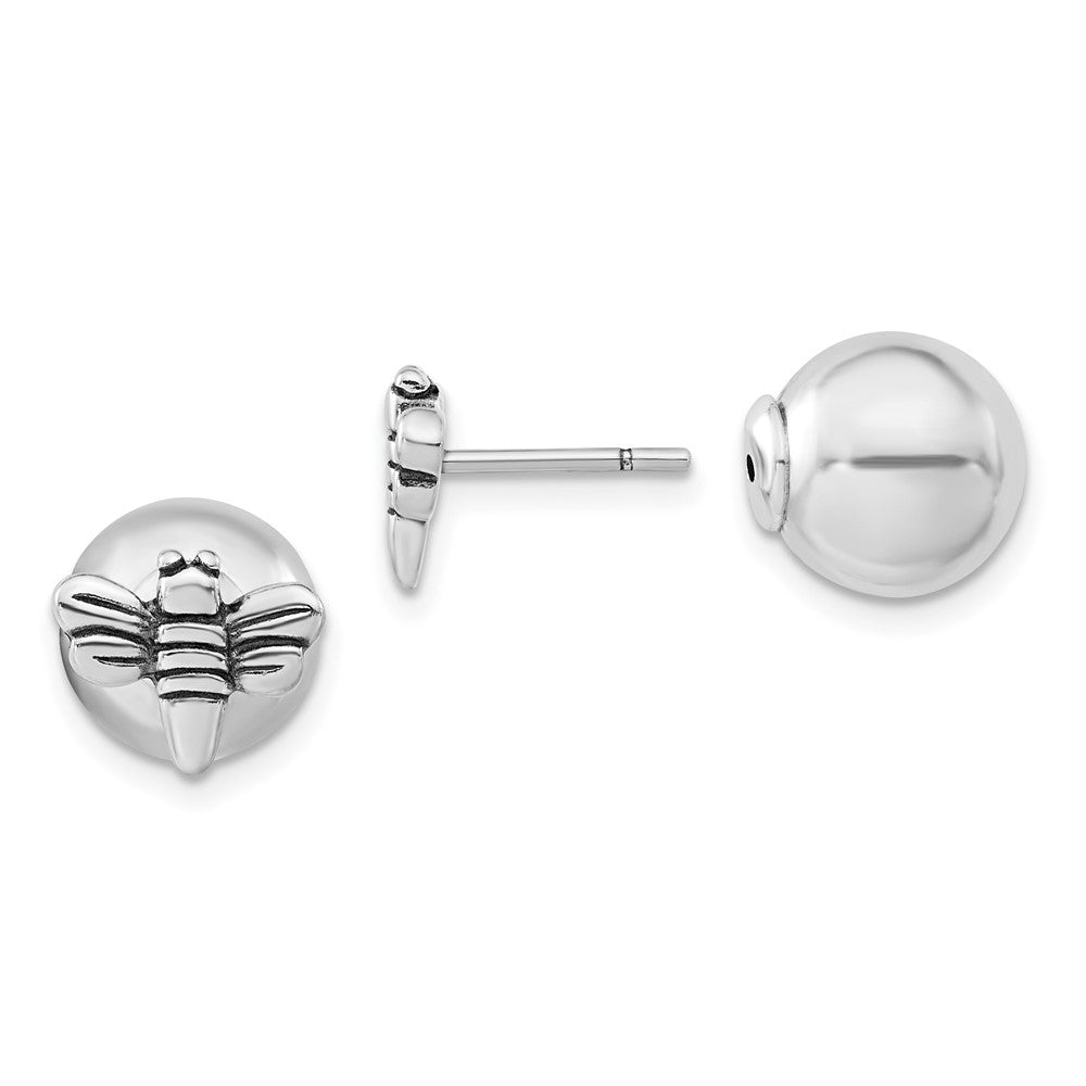 Sterling Silver Antiqued & Polished Dragonfly Front Back Ball Post Earrings