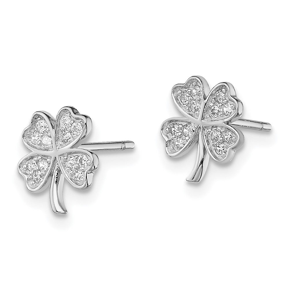 Sterling Silver Rhodium-plated Polished CZ 4 Leaf Clover Post Earrings