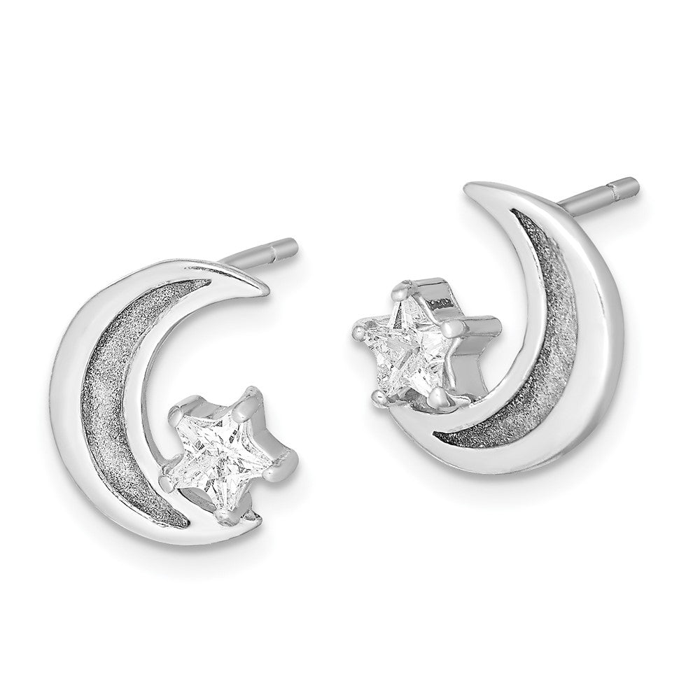 Sterling Silver RH-plate Enamel Glitter Fabric Moon/CZ Star Earrings