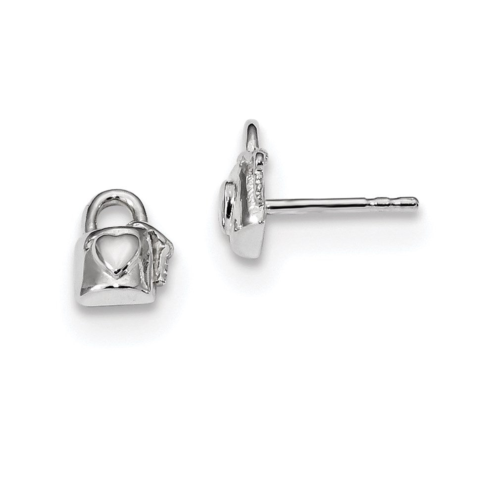 Sterling Silver Rhodium-plated Lock w/Heart and Key Post Earrings