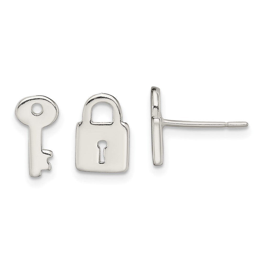 Sterling Silver Polished Left and Right Lock/Key Post Earrings