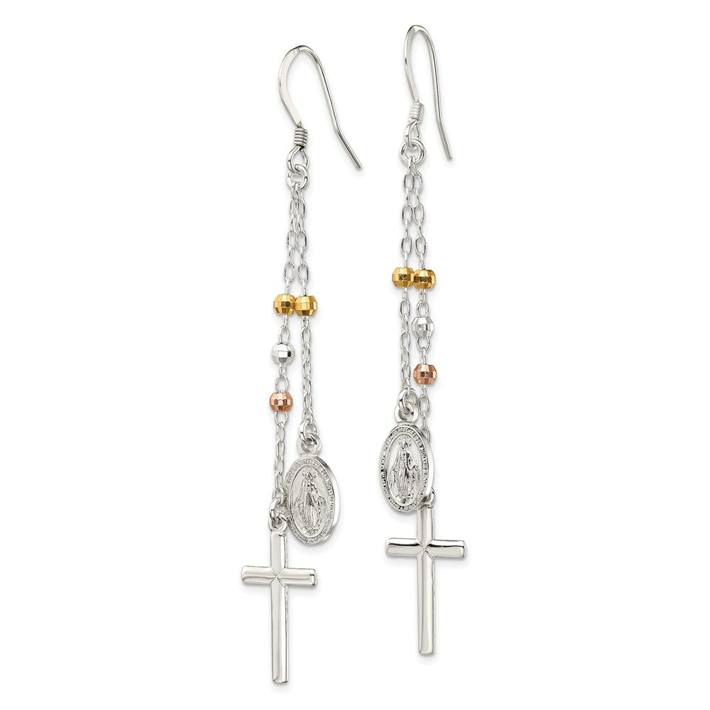 Sterling Silver w/ Gold-tone & Rose-tone Polished Miraculous Medal & Latin Cross Beaded Multi-Strand Dangle Earrings