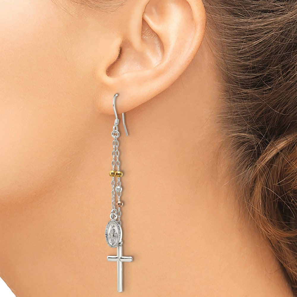 Sterling Silver w/ Gold-tone & Rose-tone Polished Miraculous Medal & Latin Cross Beaded Multi-Strand Dangle Earrings