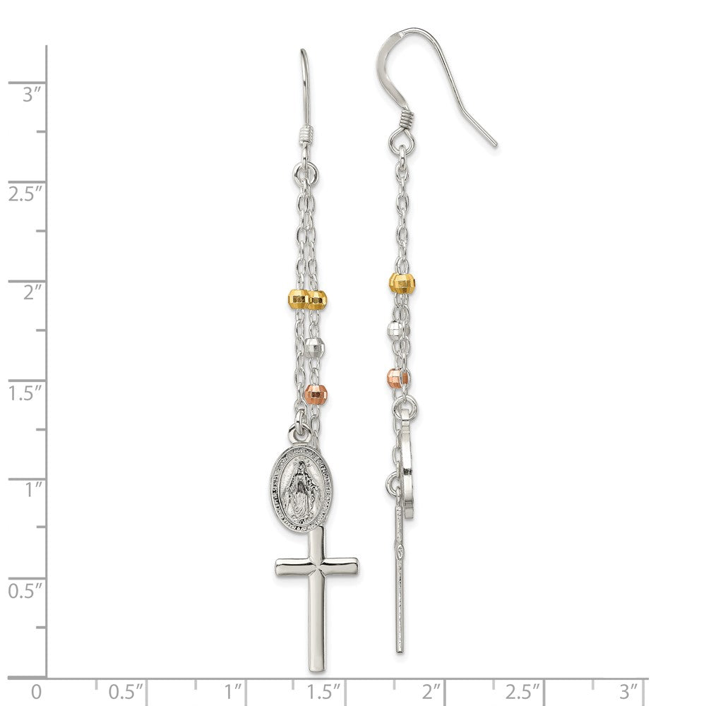 Sterling Silver w/ Gold-tone & Rose-tone Polished Miraculous Medal & Latin Cross Beaded Multi-Strand Dangle Earrings