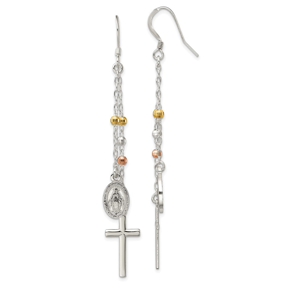 Sterling Silver w/ Gold-tone & Rose-tone Polished Miraculous Medal & Latin Cross Beaded Multi-Strand Dangle Earrings