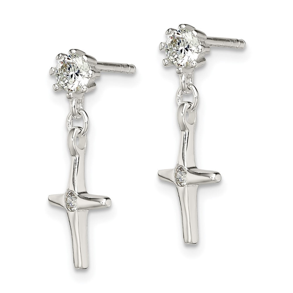 Sterling Silver Polished CZ Cross Post Dangle Earrings