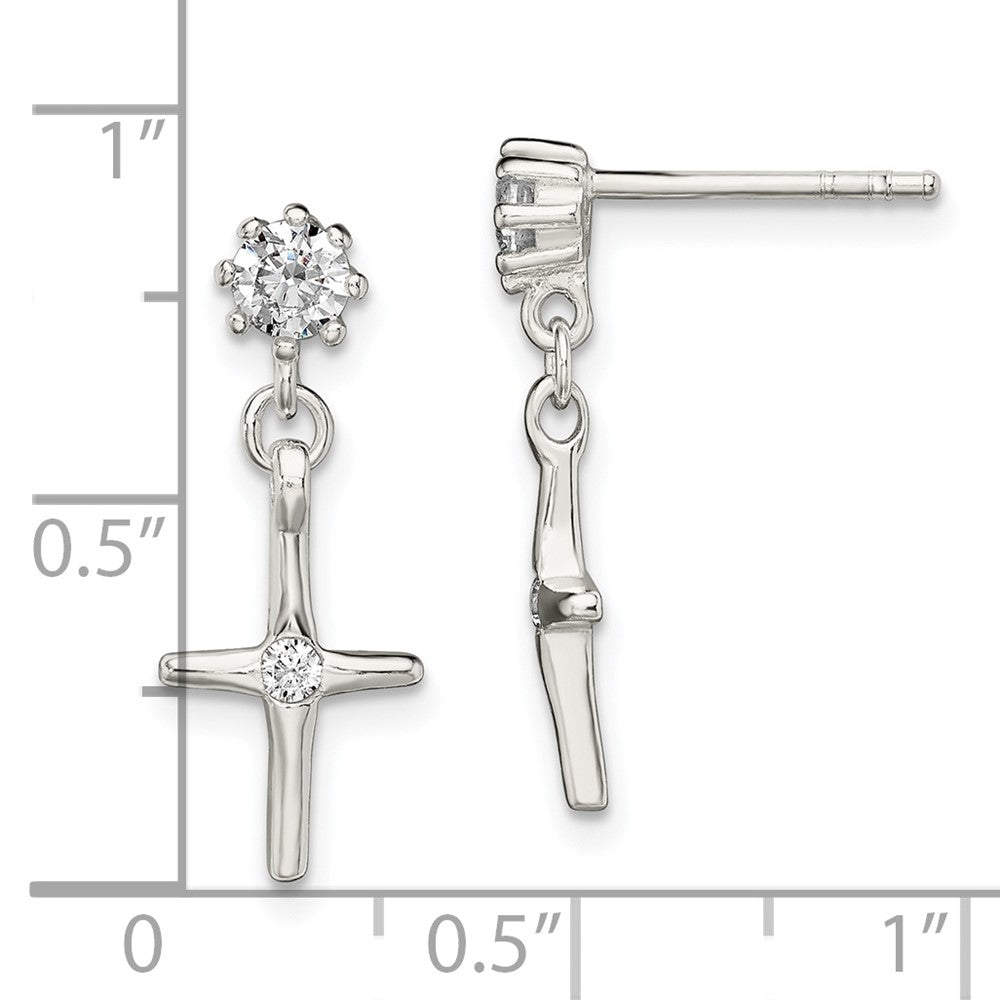 Sterling Silver Polished CZ Cross Post Dangle Earrings