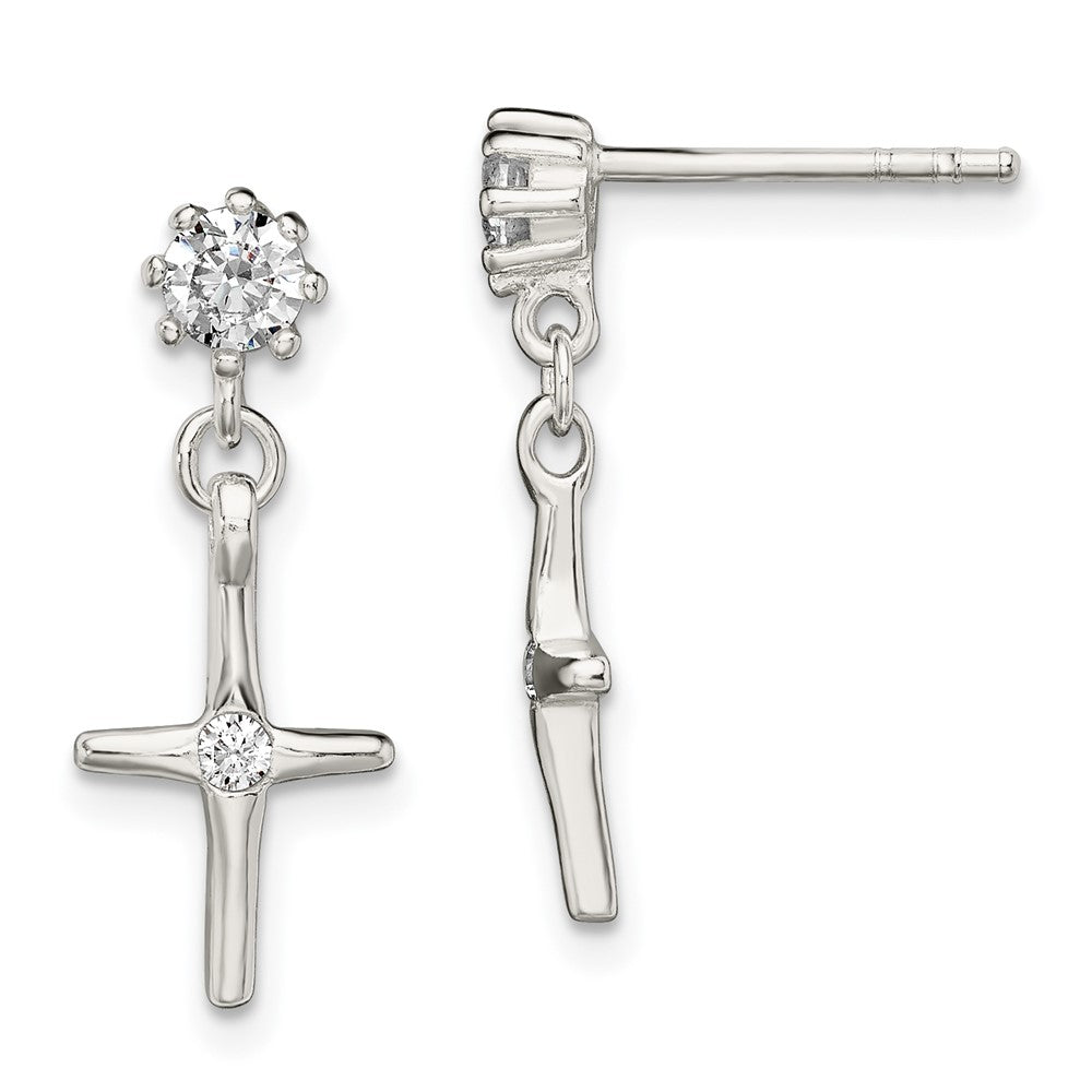 Sterling Silver Polished CZ Cross Post Dangle Earrings