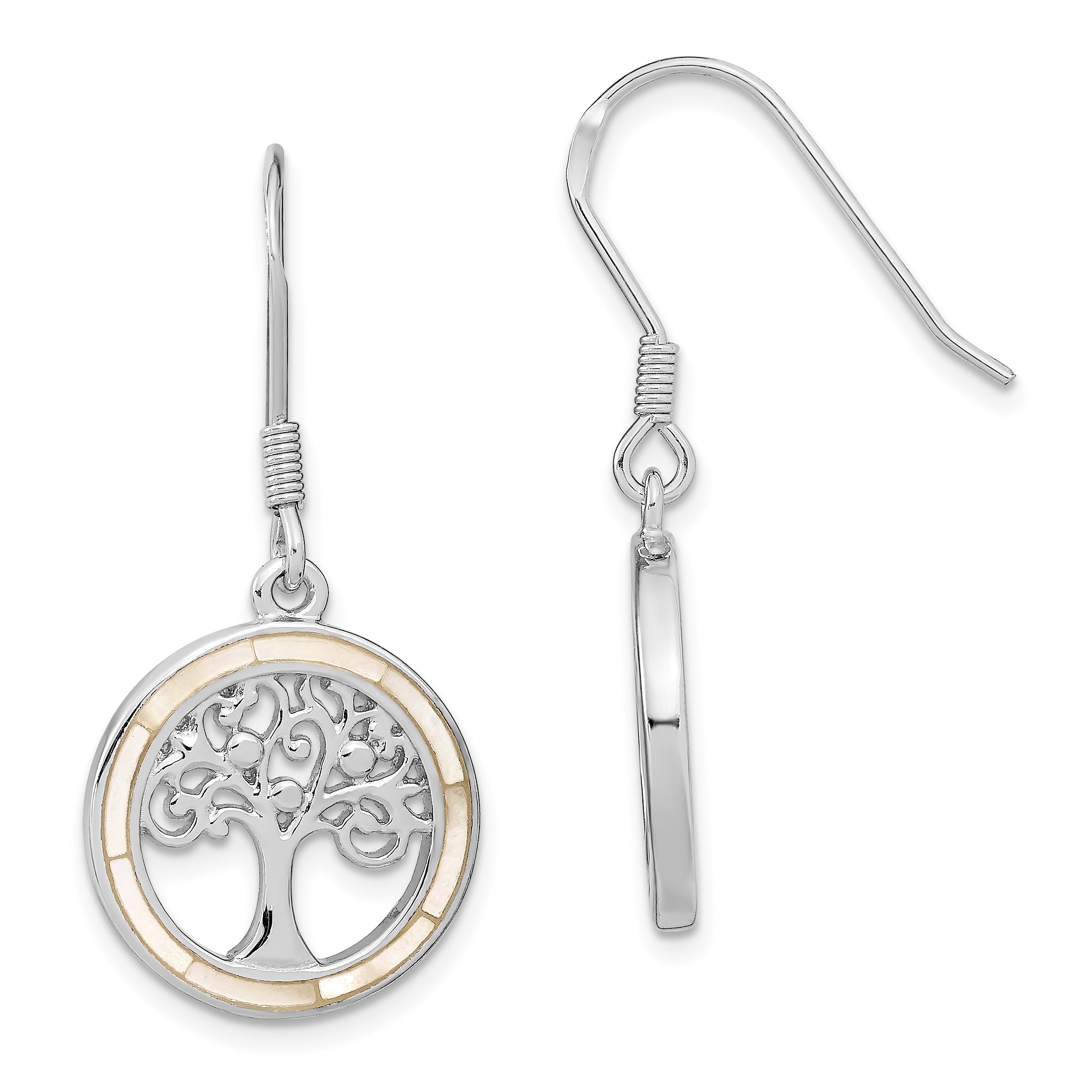 Sterling Silver Rhodium-plated White MOP Tree of Life Earrings QE13560