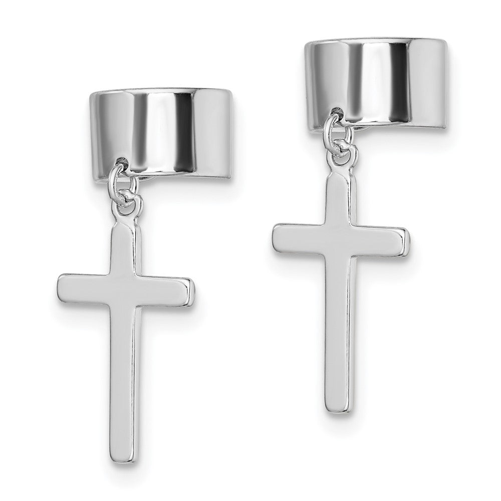 Sterling Silver Rhodium-plated Polished Cross Pair of Cuff Earrings