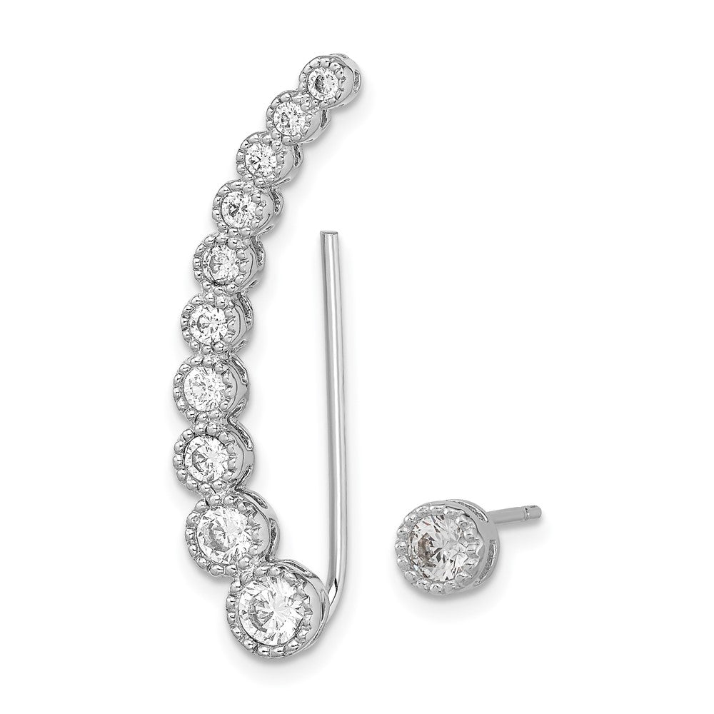 Sterling Silver RH-plated Polished & Textured CZ 1 Ear Climber & 1 Stud Ear