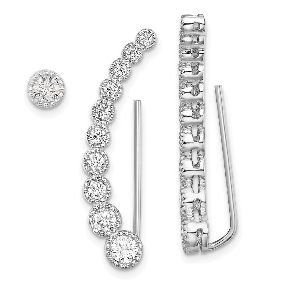 Sterling Silver RH-plated Polished & Textured CZ 1 Ear Climber & 1 Stud Ear