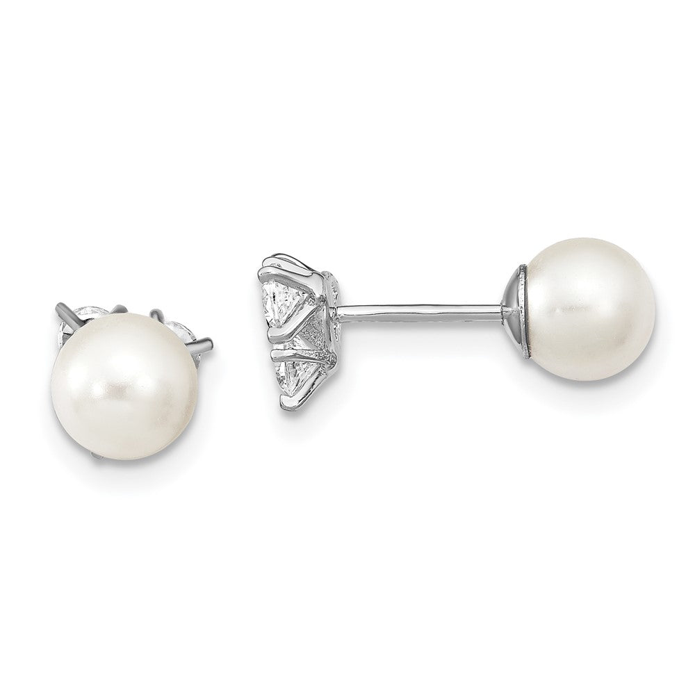 Sterling Silver Rhodium-plated Polished White 5-6mm Imitation Shell Pearl & CZ Reversible Post Earrings