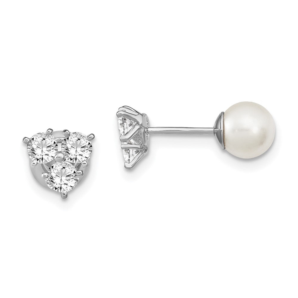 Sterling Silver Rhodium-plated Polished White 5-6mm Imitation Shell Pearl & CZ Reversible Post Earrings