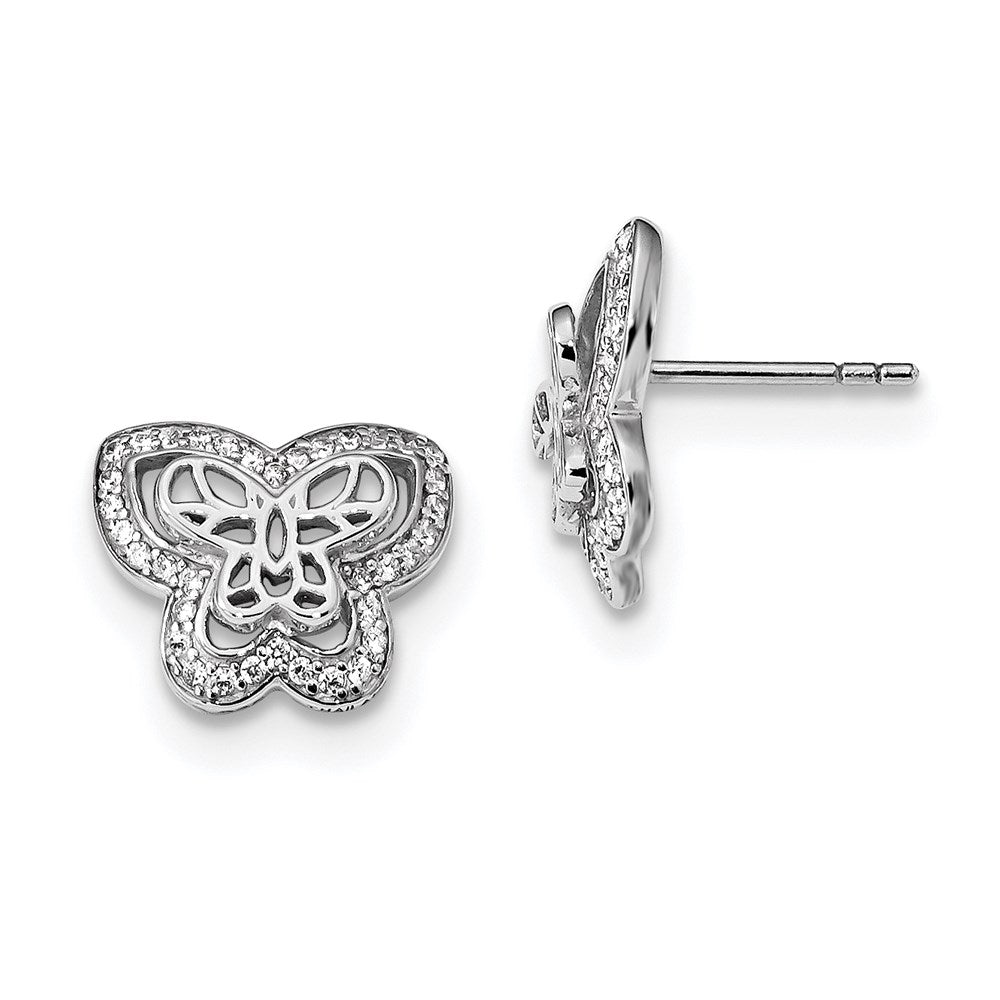 Sterling Silver Rhodium-plated Polished with CZ Butterfly Post Earrings