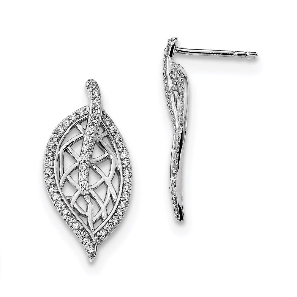 Sterling Silver Rhodium-plated Polished with CZ Leaf Post Earrings