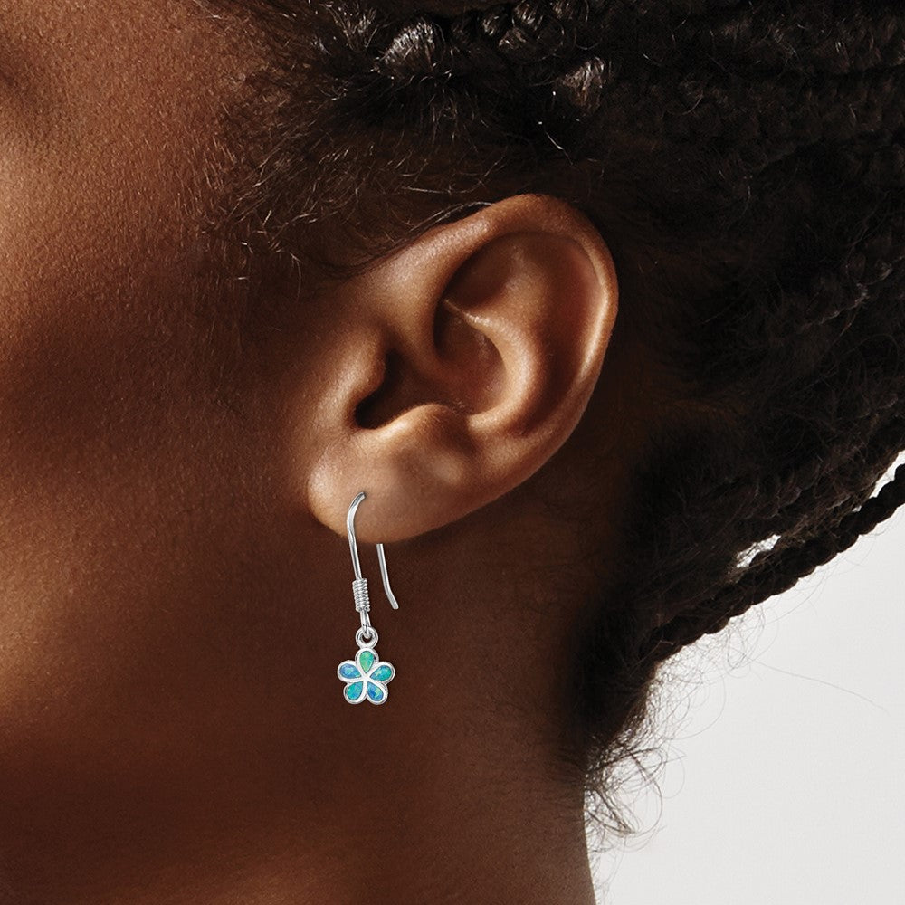 Sterling Silver Rhodium-plated Blue Created Opal Flower Earrings