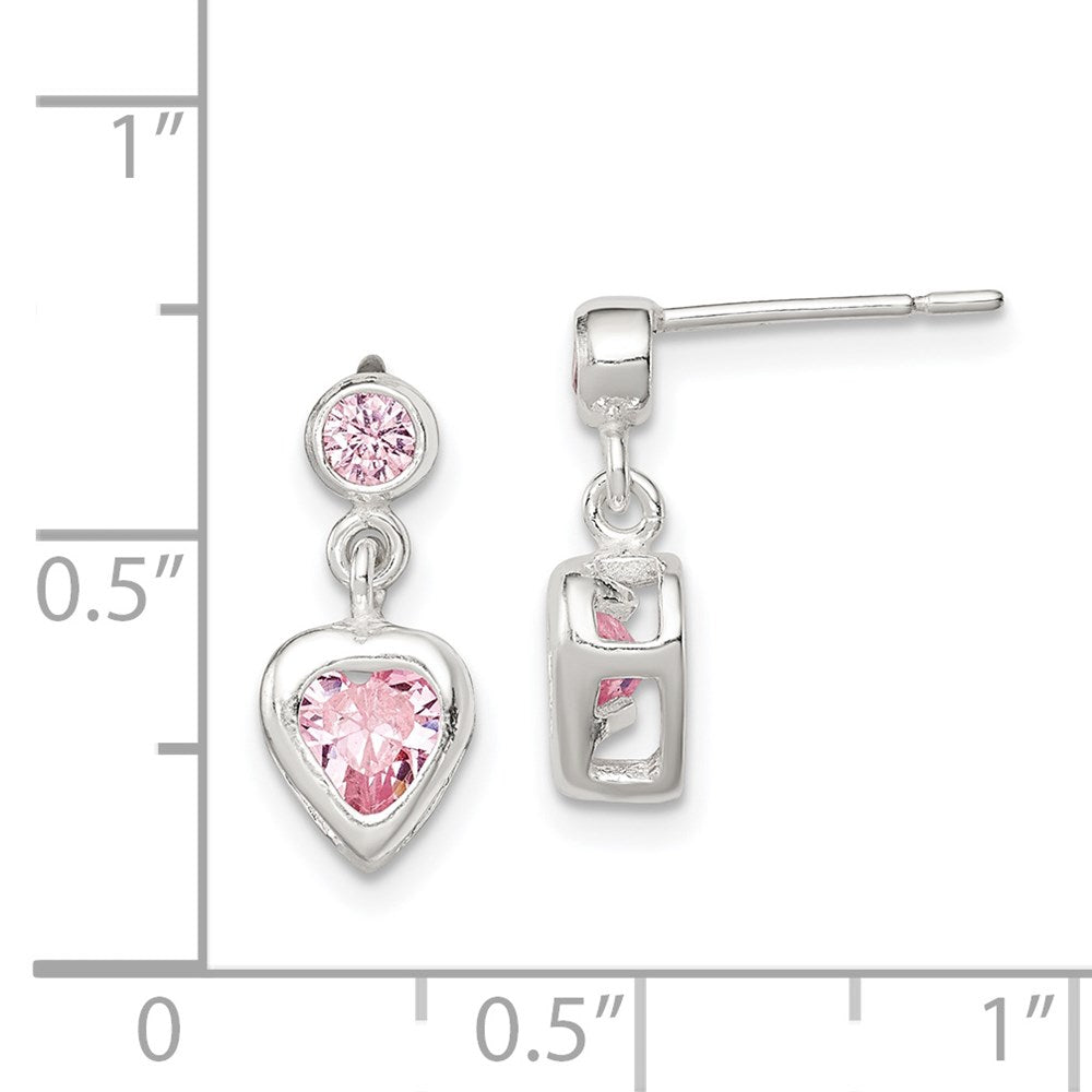 Sterling Silver Polished Pink Heart CZ Post Dangle Earrings