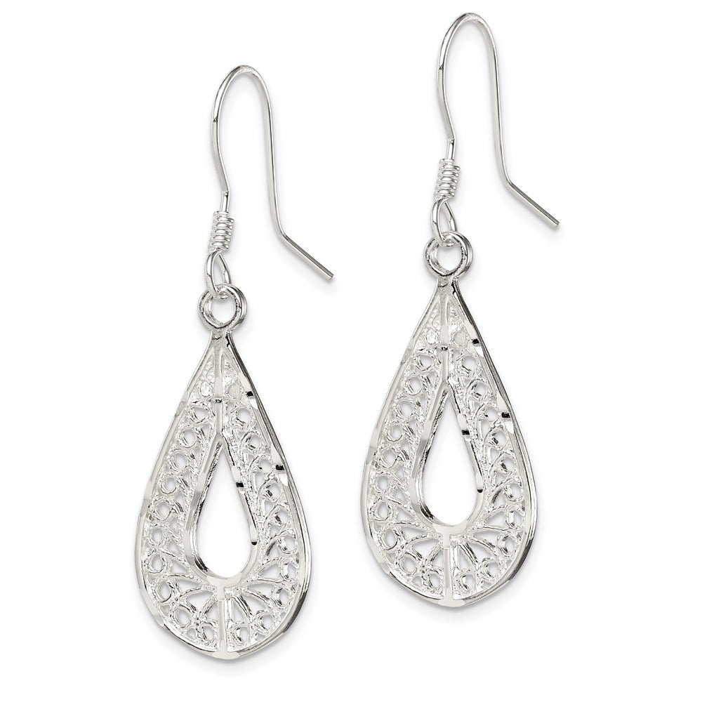 Sterling Silver Polished Textured D/C Filigree Teardrop Dangle Earrings