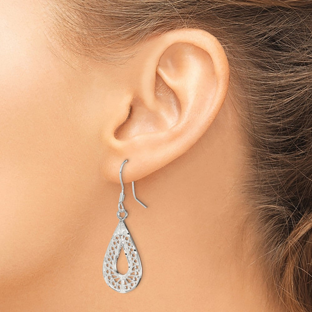 Sterling Silver Polished Textured D/C Filigree Teardrop Dangle Earrings