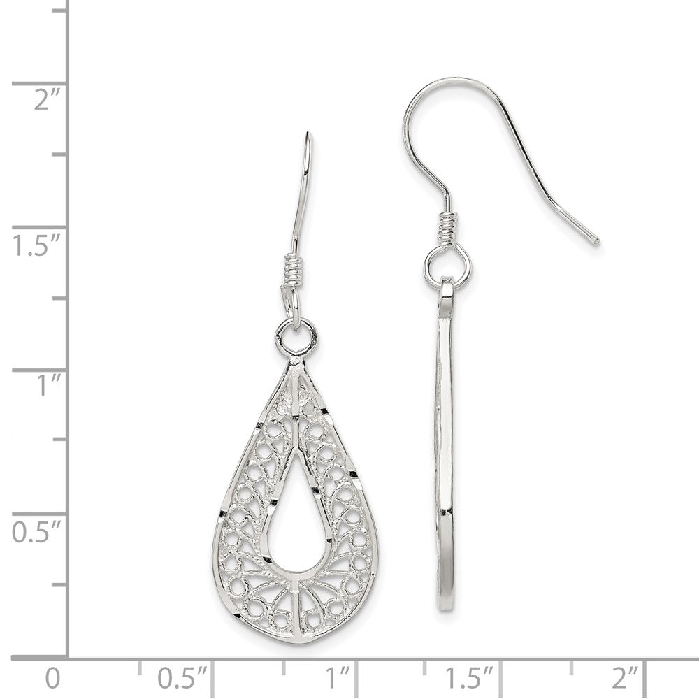 Sterling Silver Polished Textured D/C Filigree Teardrop Dangle Earrings