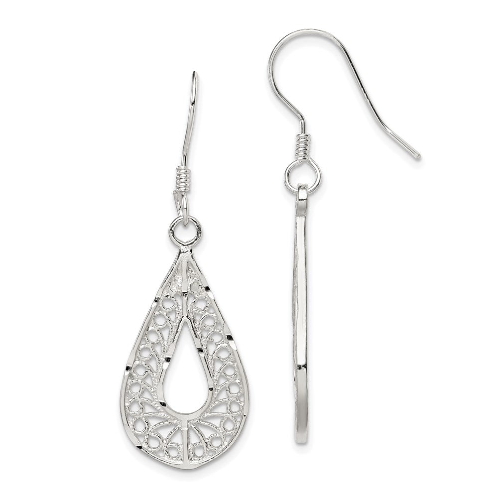 Sterling Silver Polished Textured D/C Filigree Teardrop Dangle Earrings