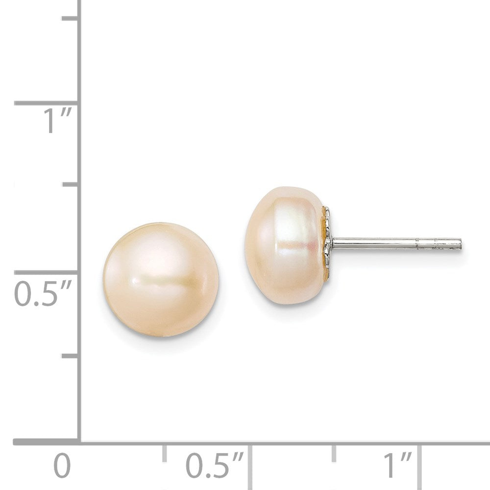 Sterling Silver Polished Peach 9-10mm Freshwater Cultured Pearl Button Post Earrings