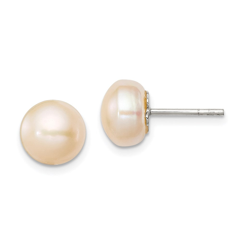 Sterling Silver Polished Peach 9-10mm Freshwater Cultured Pearl Button Post Earrings