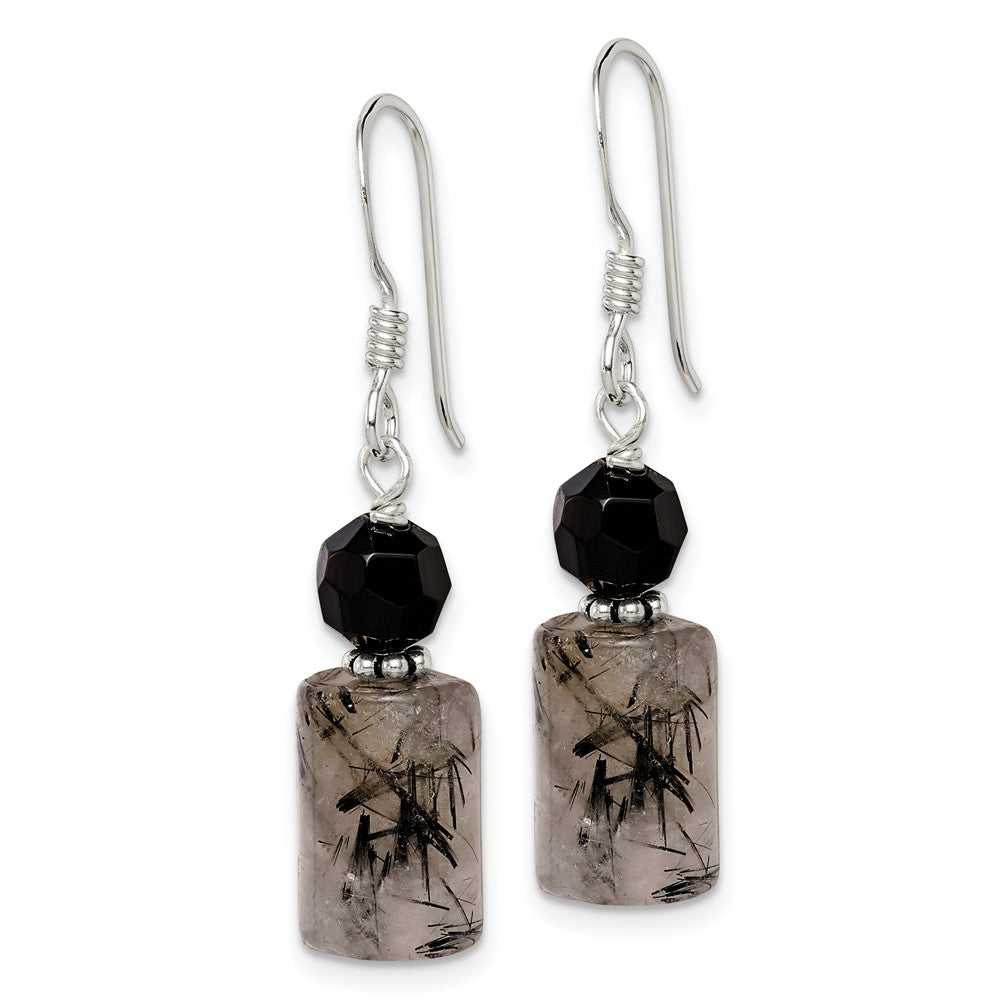 Sterling Silver Polished & Antiqued Black Crystal & Tourmalinated Quartz Dangle Earrings