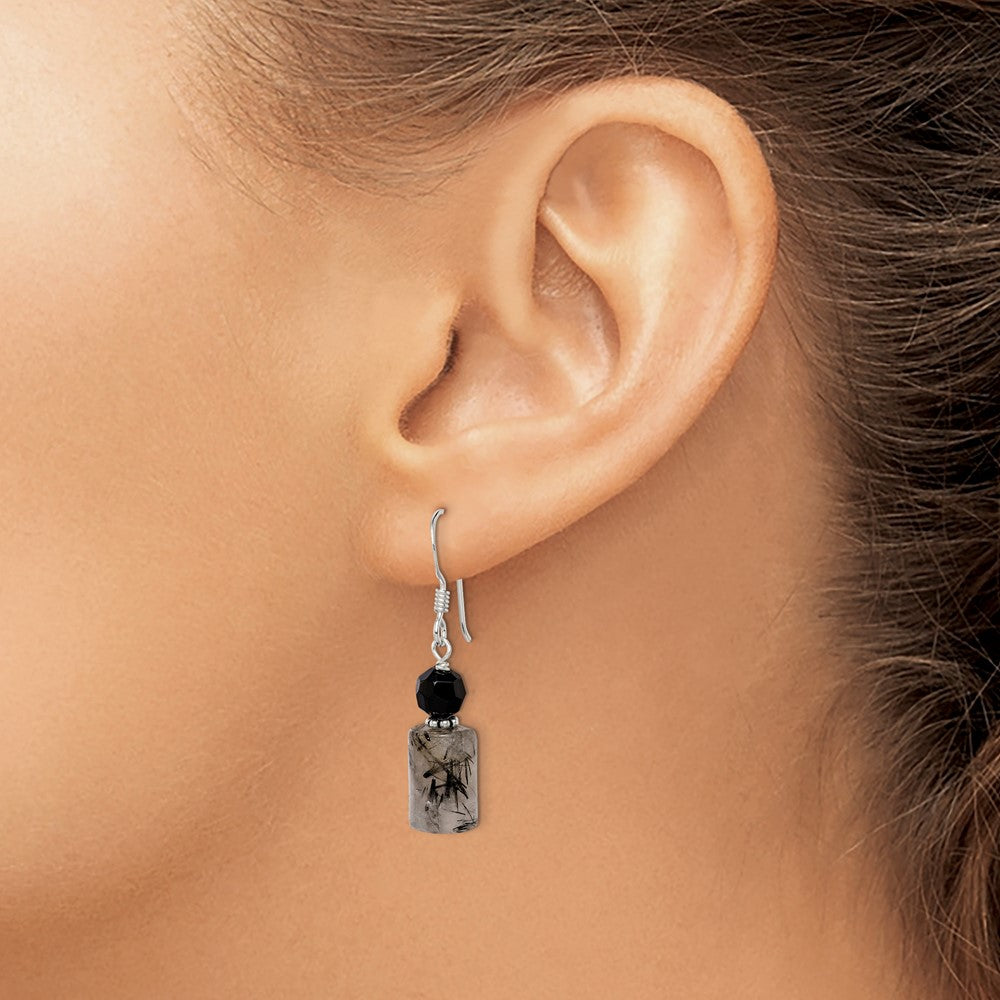 Sterling Silver Polished & Antiqued Black Crystal & Tourmalinated Quartz Dangle Earrings