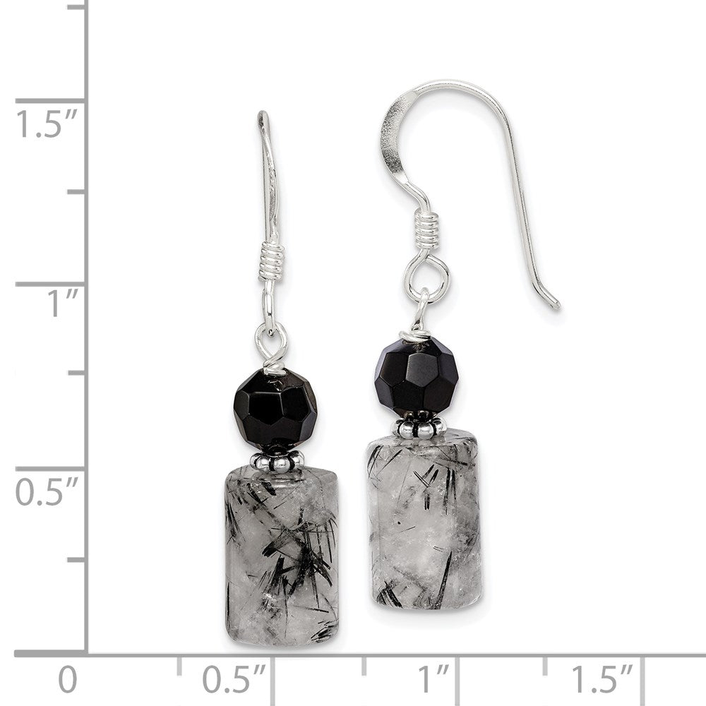 Sterling Silver Polished & Antiqued Black Crystal & Tourmalinated Quartz Dangle Earrings