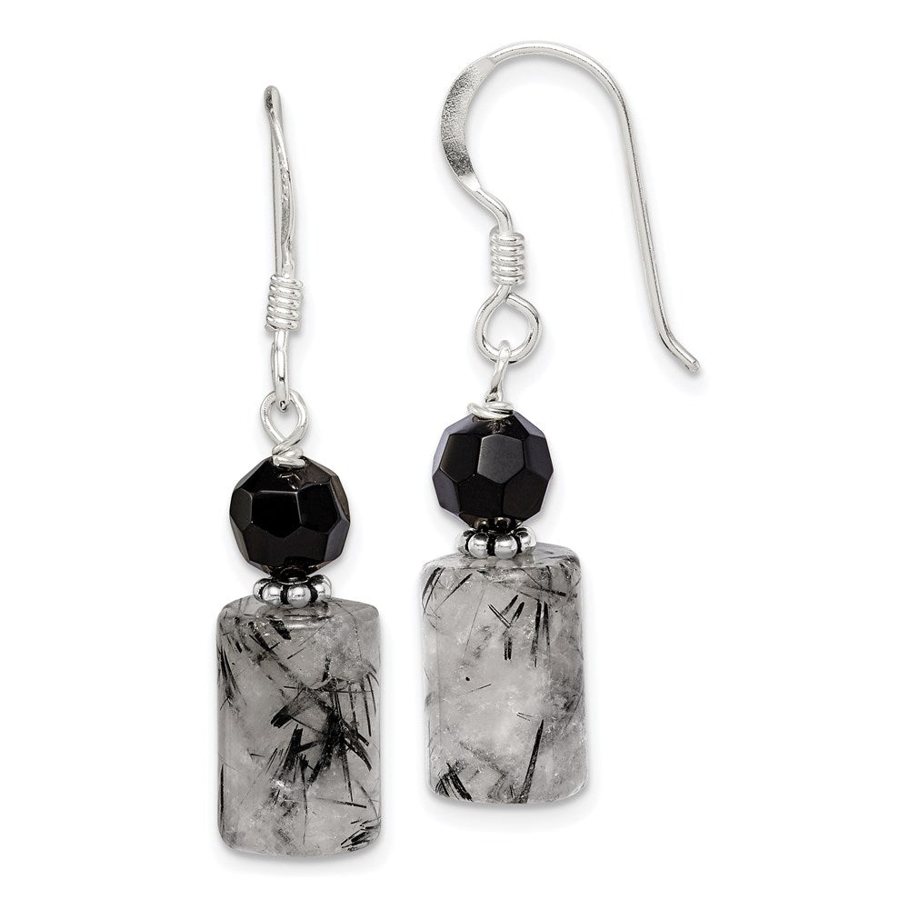 Sterling Silver Polished & Antiqued Black Crystal & Tourmalinated Quartz Dangle Earrings