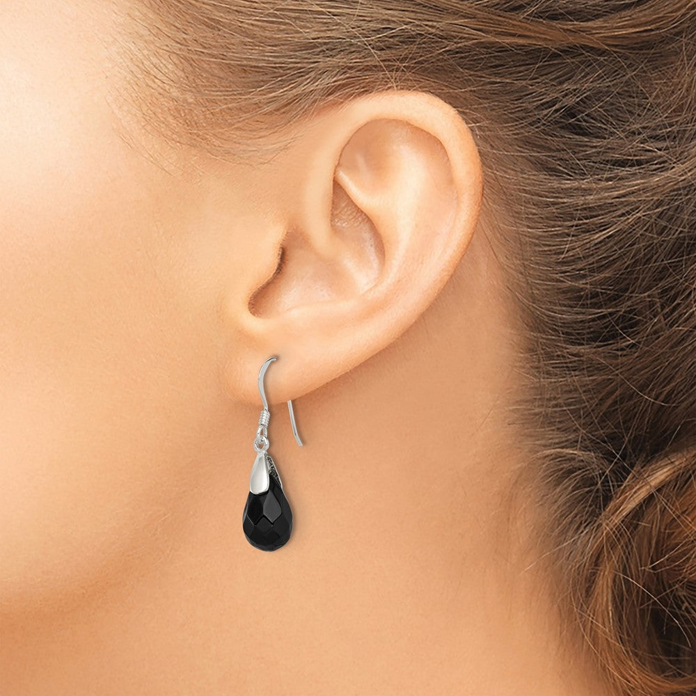 Sterling Silver Polished Faceted Onyx Teardrop Dangle Earrings