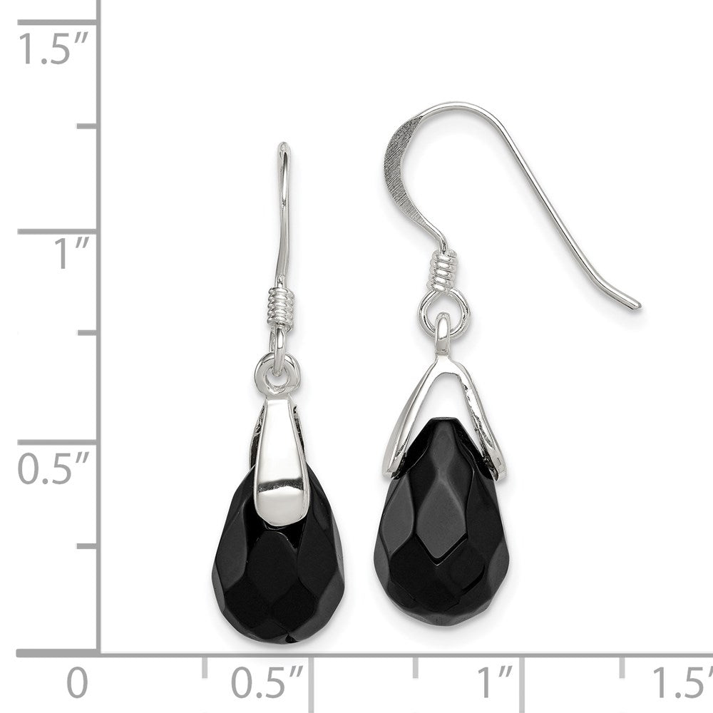 Sterling Silver Polished Faceted Onyx Teardrop Dangle Earrings