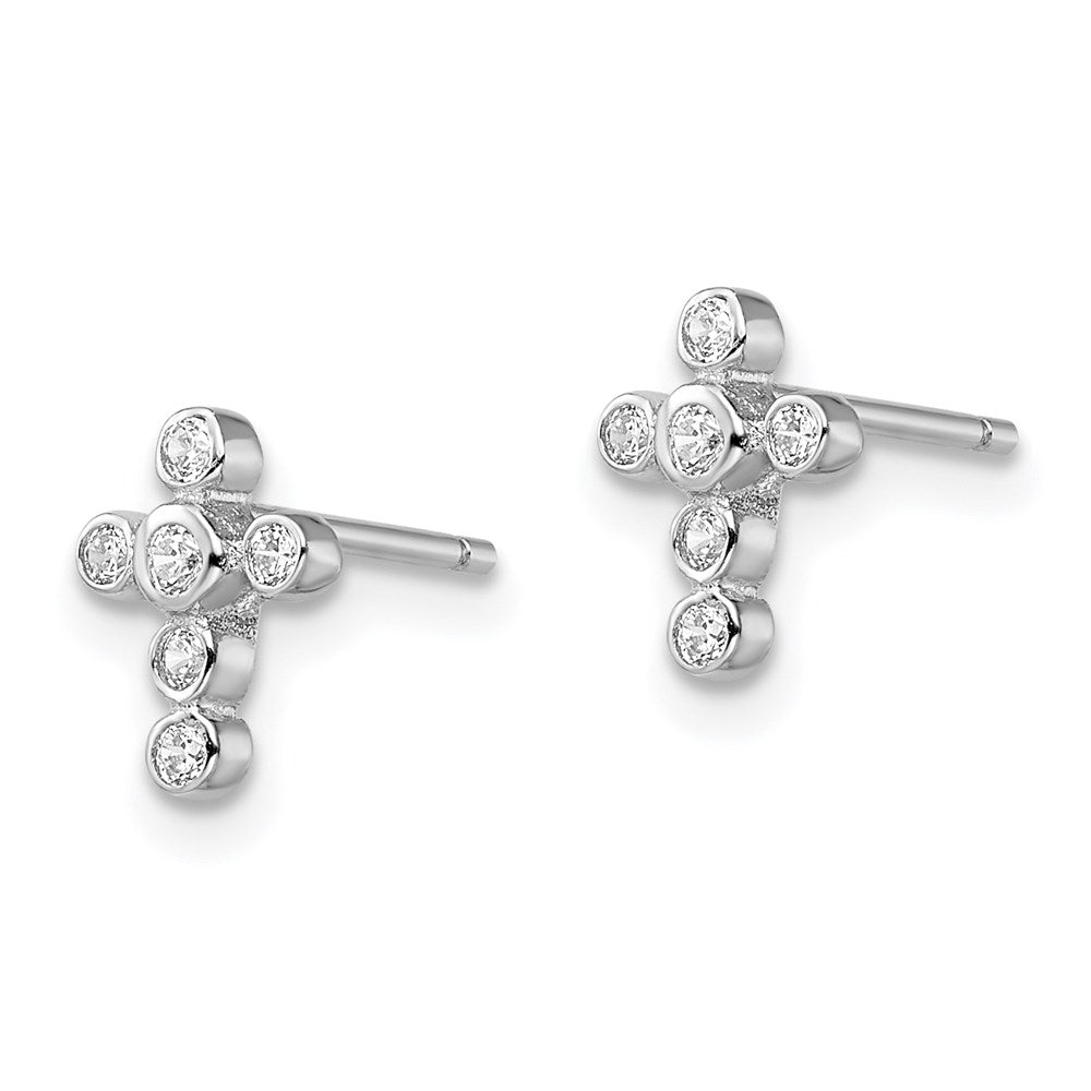 Sterling Silver Rhodium-plated Polished Bezel CZ Cross Post Earrings