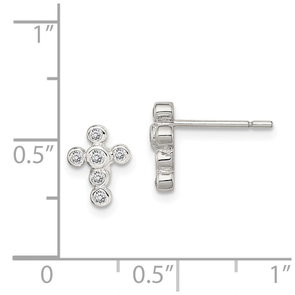 Sterling Silver Rhodium-plated Polished Bezel CZ Cross Post Earrings