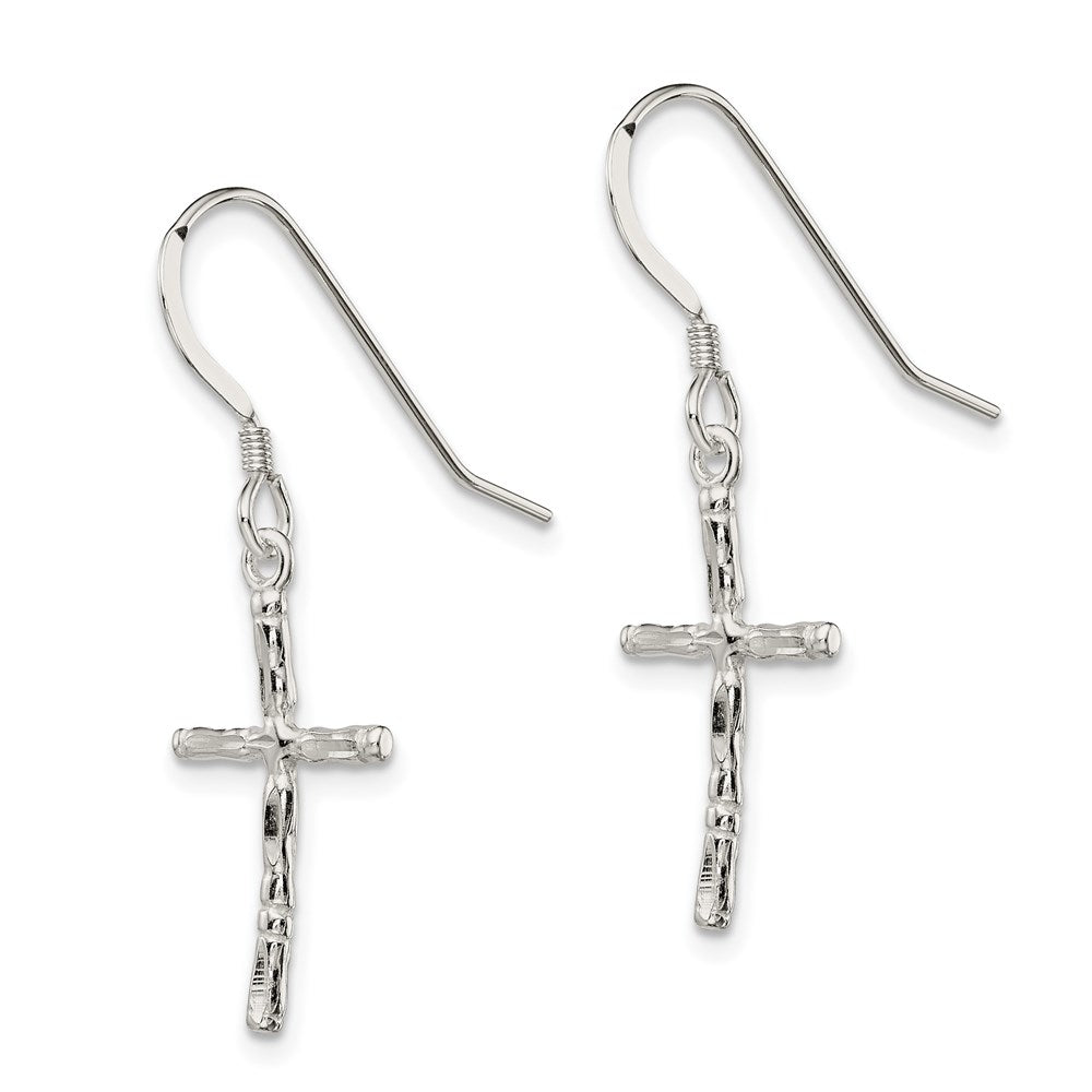 Sterling Silver Polished & Textured Cross Dangle Earrings