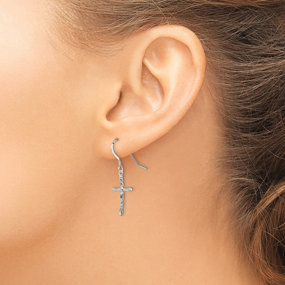 Sterling Silver Polished & Textured Cross Dangle Earrings