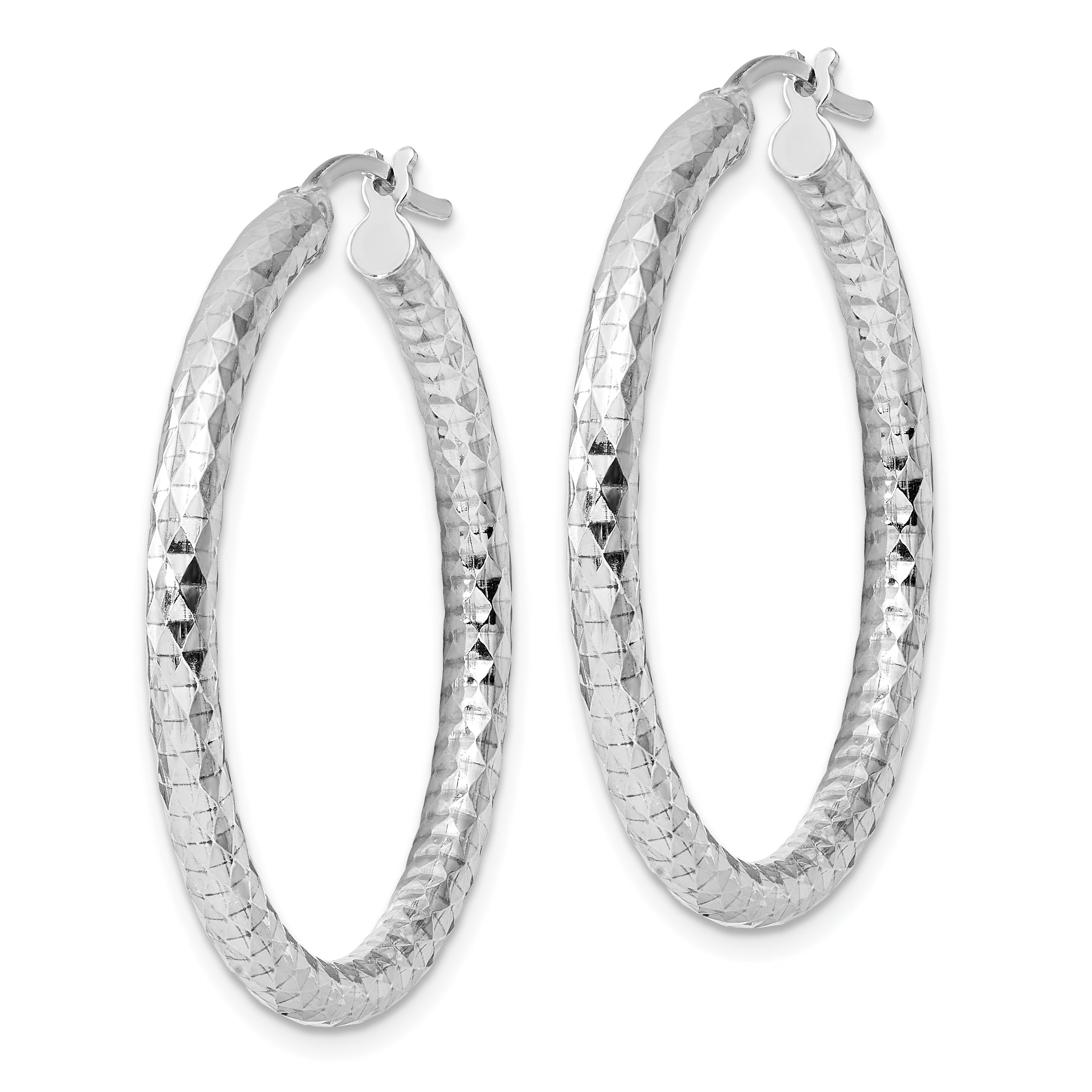 Sterling Silver Rhodium-plated 3.00mm Diamond-cut Hoop Earrings QE3540