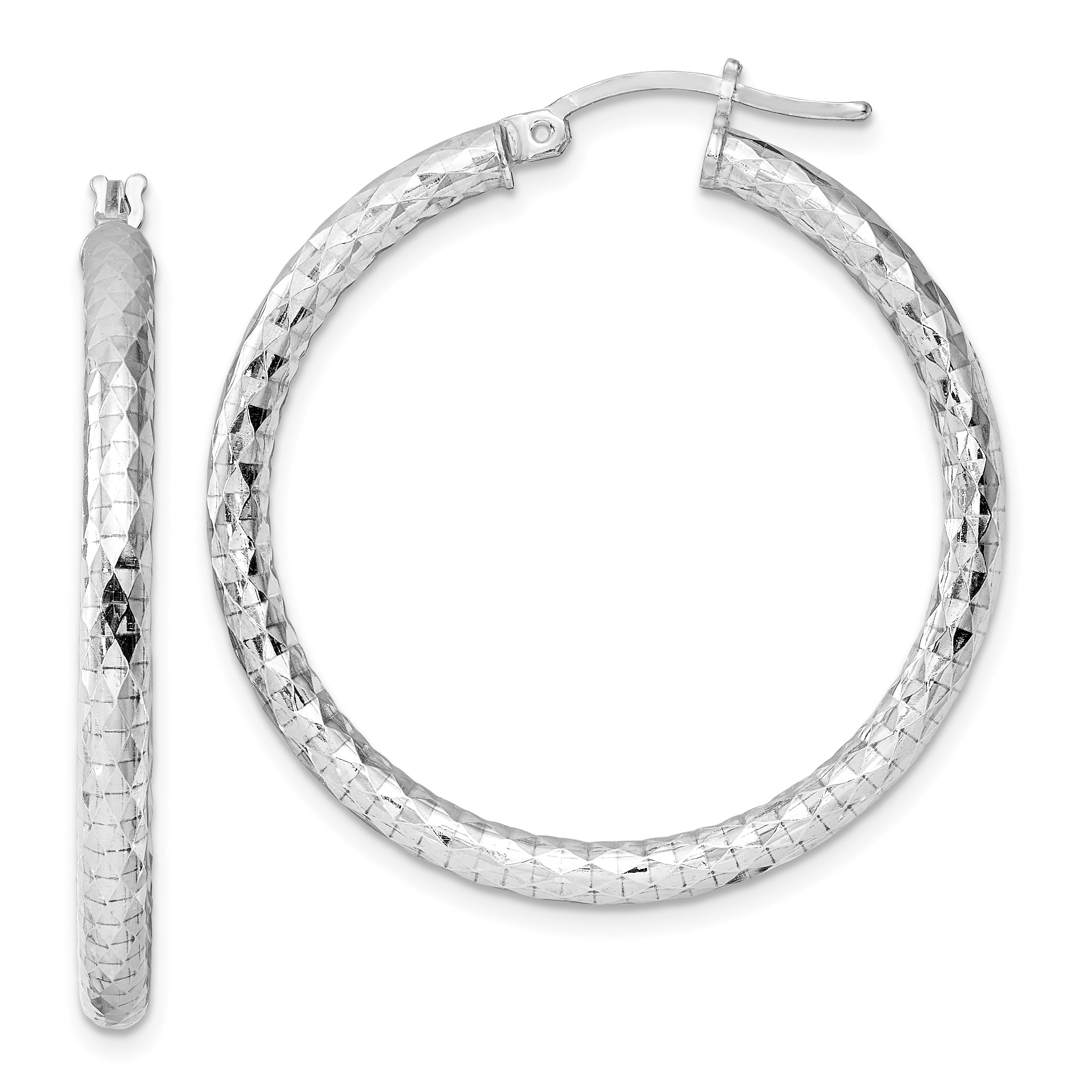 Sterling Silver Rhodium-plated 3.00mm Diamond-cut Hoop Earrings QE3540