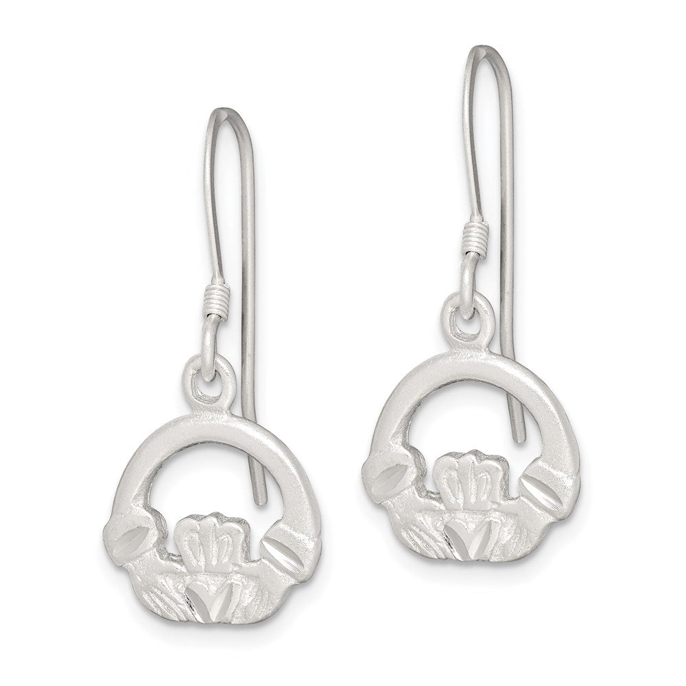 Sterling Silver Satin & Diamond-cut Claddagh Dangle Earrings