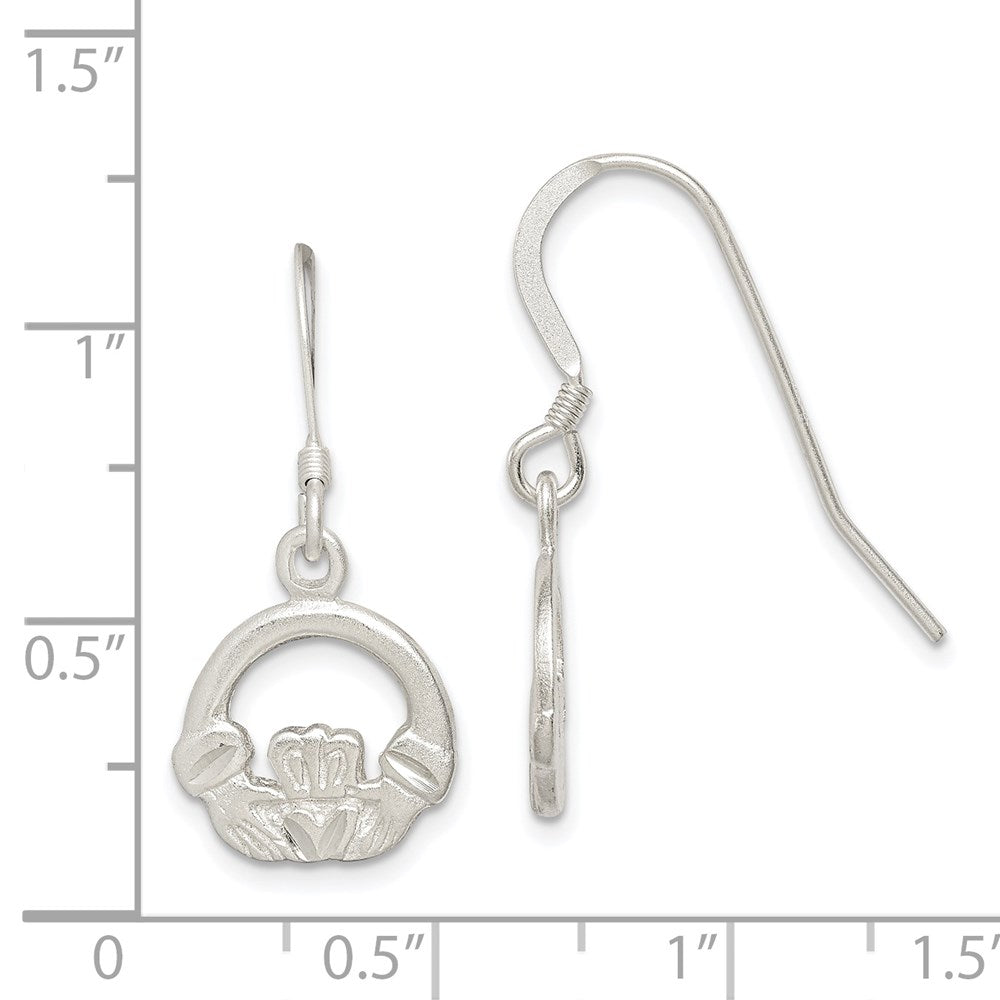 Sterling Silver Satin & Diamond-cut Claddagh Dangle Earrings