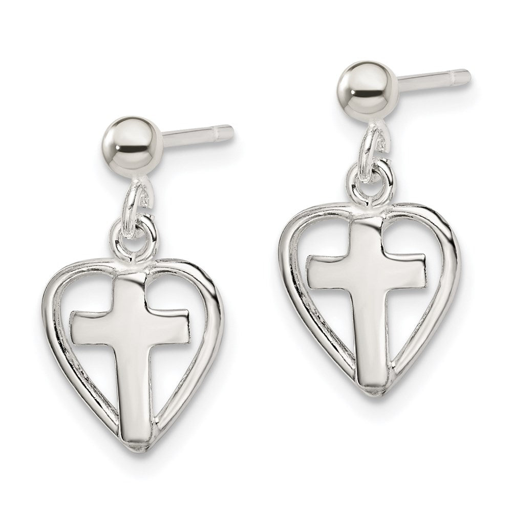 Sterling Silver Polished Cross in Heart Post Dangle Earrings