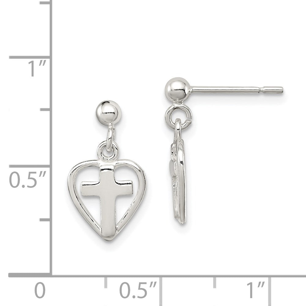 Sterling Silver Polished Cross in Heart Post Dangle Earrings