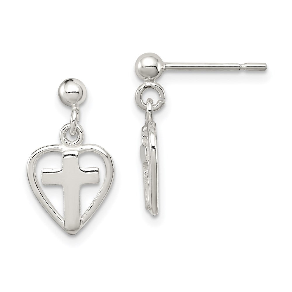 Sterling Silver Polished Cross in Heart Post Dangle Earrings