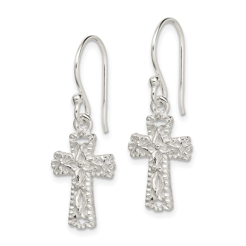 Sterling Silver Polished & Textured Cross Dangle Earrings