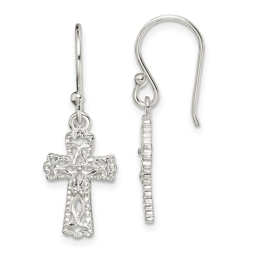 Sterling Silver Polished & Textured Cross Dangle Earrings