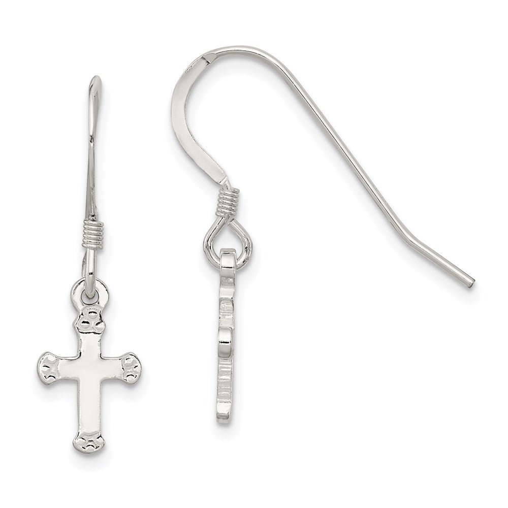 Sterling Silver Polished & Textured Cross Dangle Earrings