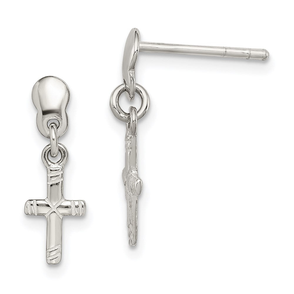 Sterling Silver Polished & Grooved Latin Cross Post Dangle Earrings